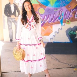Chicwish Embroidered White Maxi Dress and Pom Poms